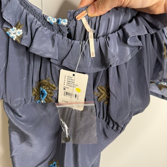 Free People Bali Santa Cruz Ruffle Floral Embroidery Blue Maxi Dress Medium NWT - Picture 7 of 9